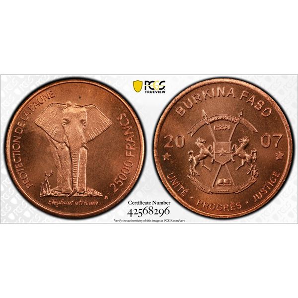 BURKINA FASO: Republic, AE 25000 francs, 2007, PCGS MS66 RD