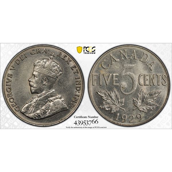 CANADA: George V, 1910-1936, 5 cents, 1929, PCGS MS62