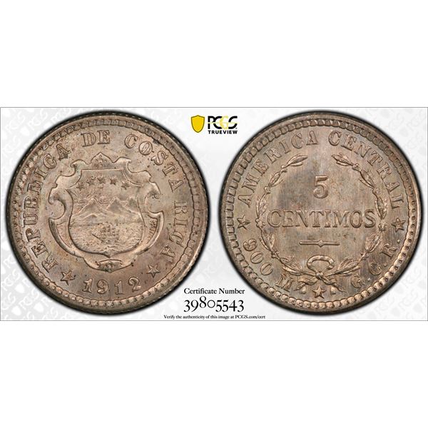 COSTA RICA: Republic, AR 5 céntimos, 1912, NGC graded MS66