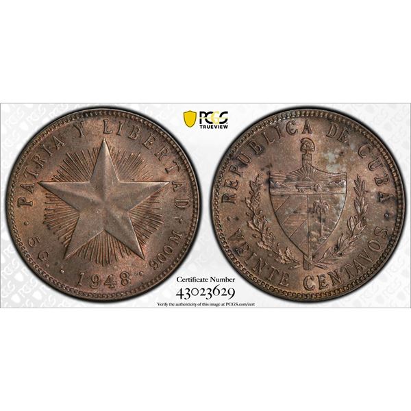CUBA: Republic, AR 20 centavos, 1948, PCGS MS63