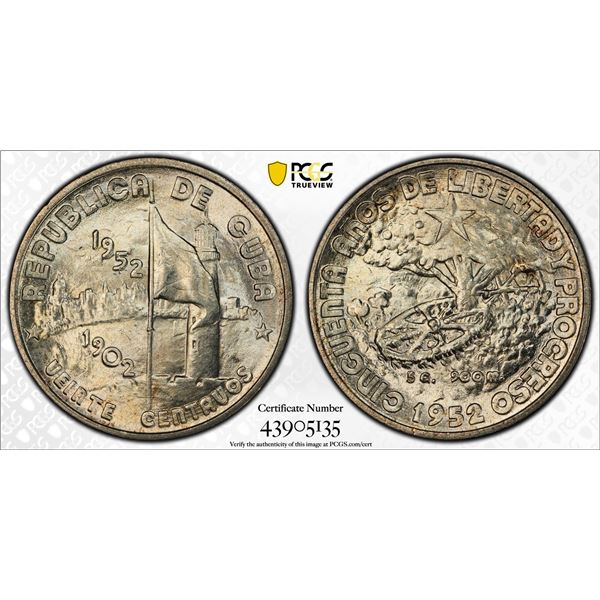 CUBA: Republic, AR 20 centavos, 1952, PCGS MS65