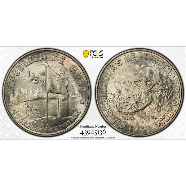 CUBA: Republic, AR 40 centavos, 1952, PCGS MS65
