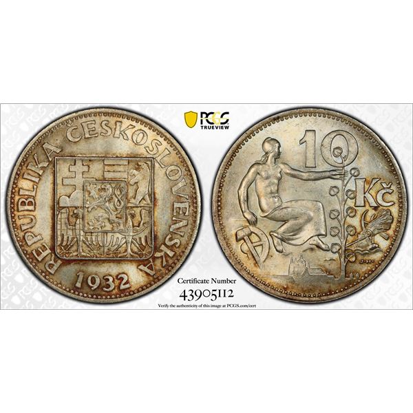 CZECHOSLOVAKIA: Republic, AR 10 korun, 1932, PCGS MS64