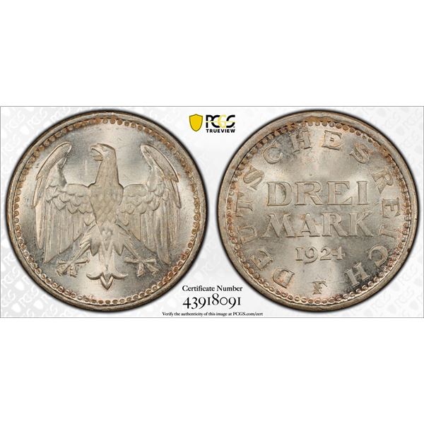 GERMANY: Weimar Republic, AR 3 mark, 1924-F, PCGS MS66