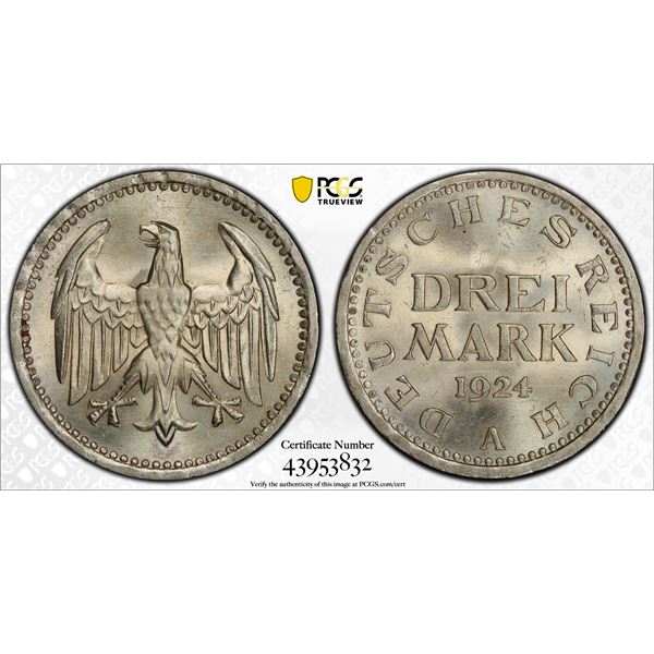 GERMANY: Weimar Republic, AR 3 mark, 1924-A, PCGS MS66
