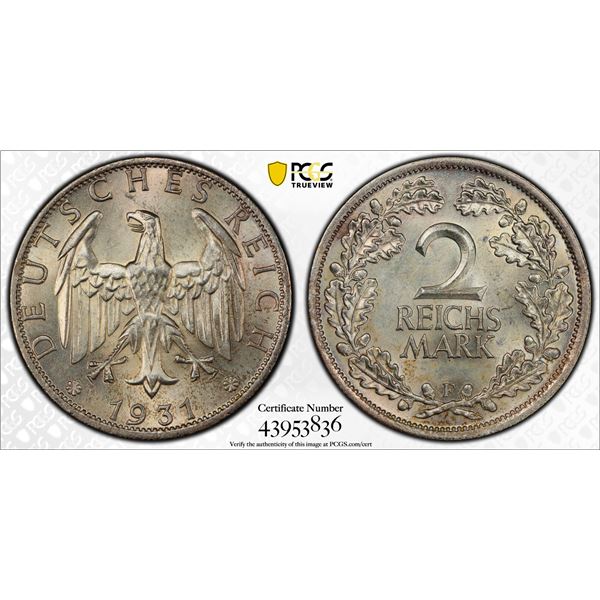 GERMANY: Weimar Republic, AR 2 mark, 1931-F, PCGS MS65
