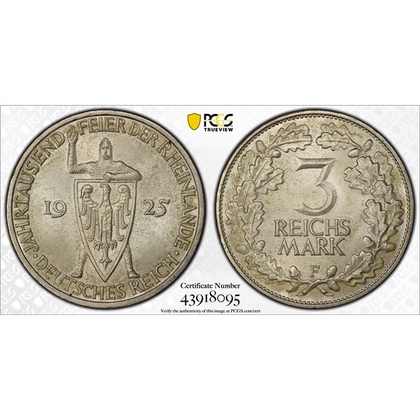 GERMANY: Weimar Republic, AR 3 mark, 1925-F, PCGS MS66