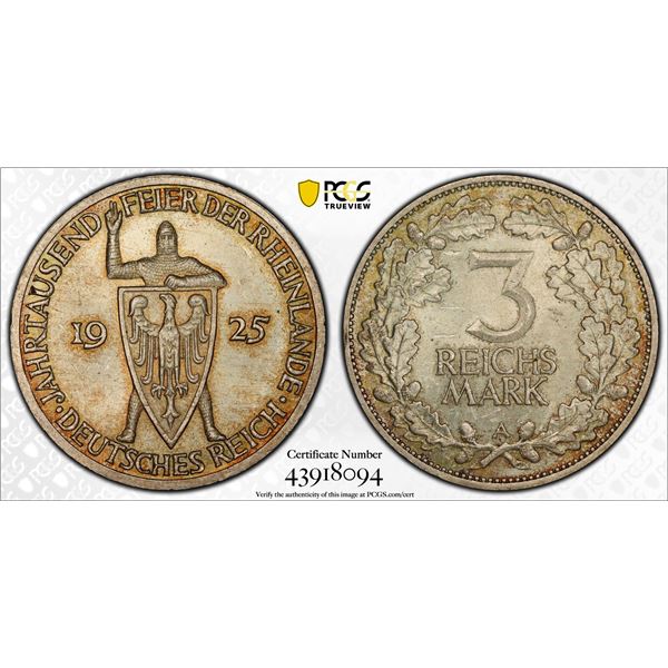 GERMANY: Weimar Republic, AR 3 mark, 1925-A, PCGS MS65