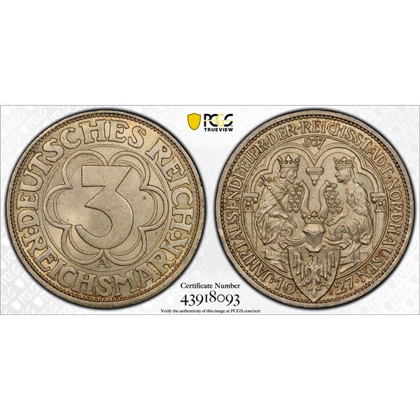 GERMANY: Weimar Republic, AR 3 mark, 1927-A, PCGS MS66