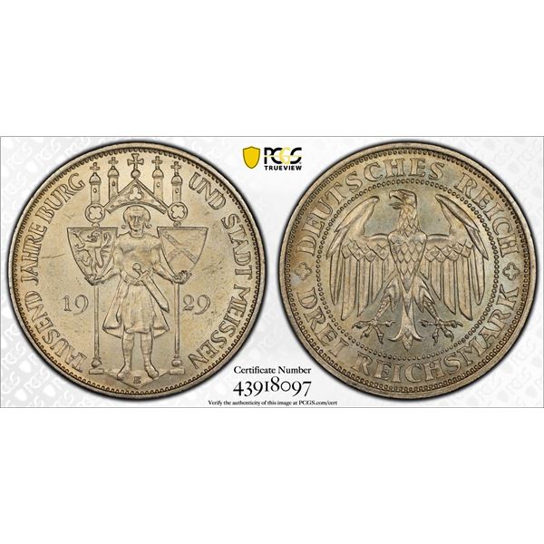 GERMANY: Weimar Republic, AR 3 mark, 1929-E, PCGS MS64