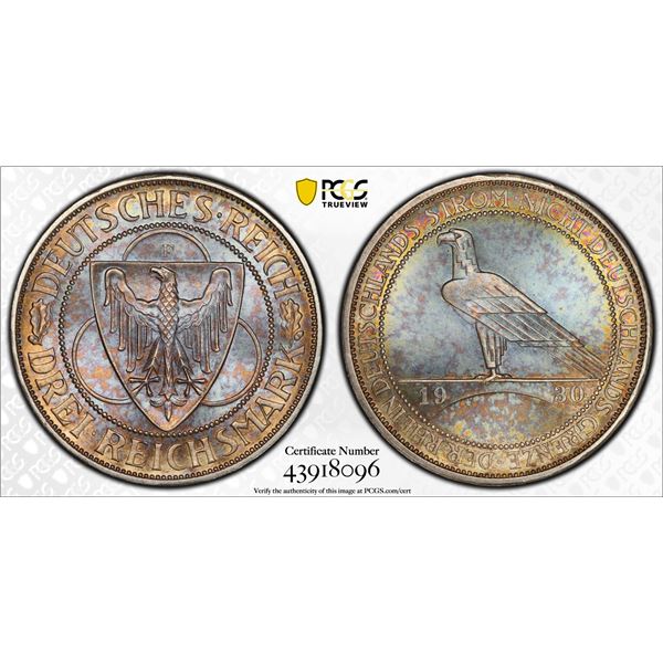 GERMANY: Weimar Republic, AR 3 mark, 1930-F, PCGS MS65