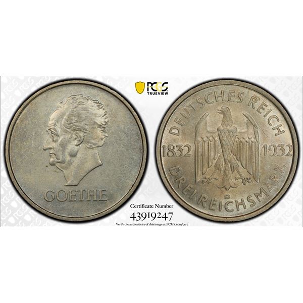 GERMANY: Weimar Republic, AR 3 reichsmark, 1932-D, PCGS MS62