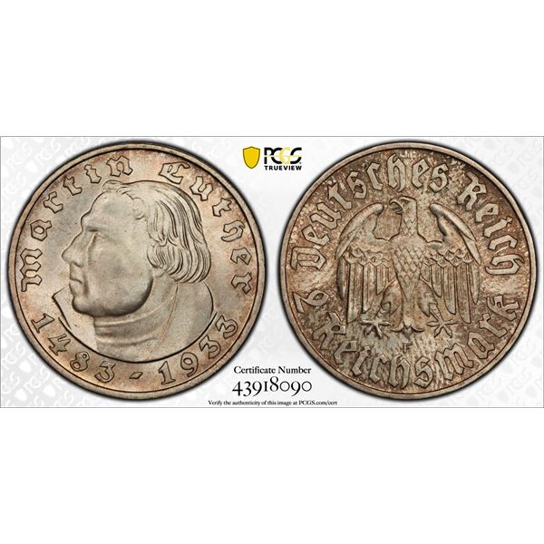 GERMANY: Third Reich, AR 2 mark, 1933-F, PCGS MS66 +