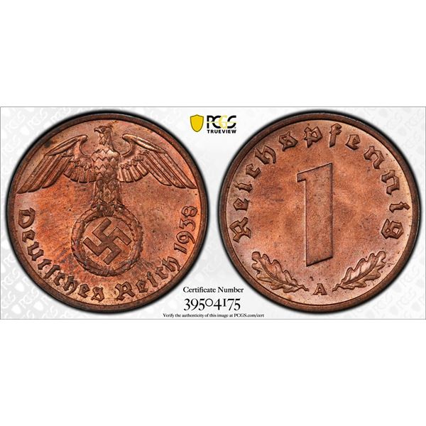 GERMANY: Third Reich, AE pfennig, 1938-A, PCGS MS64 RB