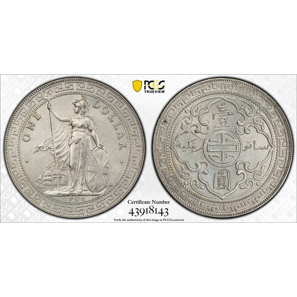 GREAT BRITAIN: AR trade dollar, 1908-B, PCGS AU Details