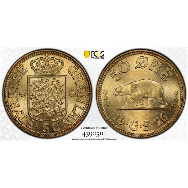 GREENLAND: Christian X, 1912-1947, 50 ore, 1926, PCGS MS66