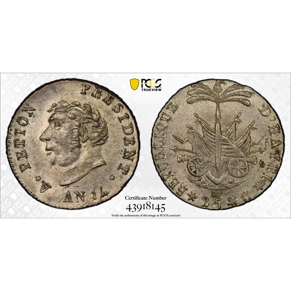 HAITI: Western Republic, AR 25 centimes, AN14 (1817), PCGS MS64