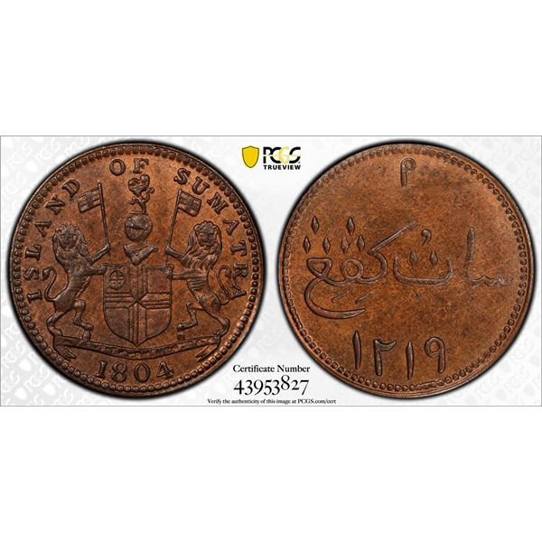 INDONESIA: SUMATRA: AE keping, 1804//AH1219, PCGS MS64 RB