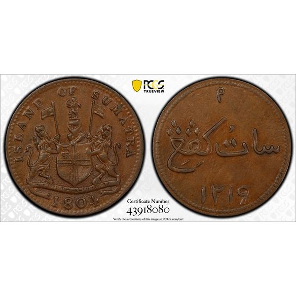 INDONESIA: SUMATRA: AE keping, 1804//AH1219, PCGS MS62 BN