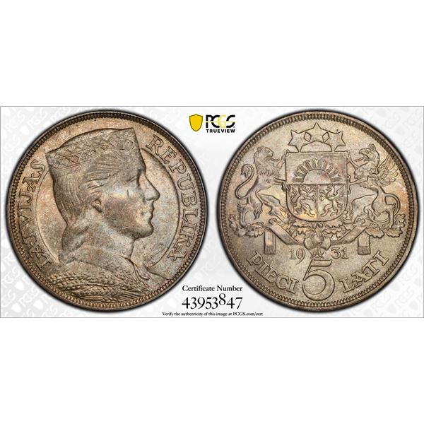 LATVIA: Republic, AR 5 lati, 1931, PCGS MS63