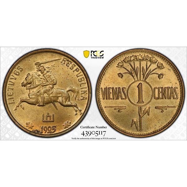 LITHUANIA: Republic, 1 centas, 1925, PCGS MS65