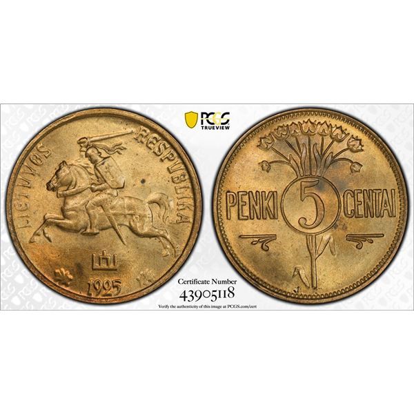 LITHUANIA: Republic, 5 centai, 1925, PCGS MS65