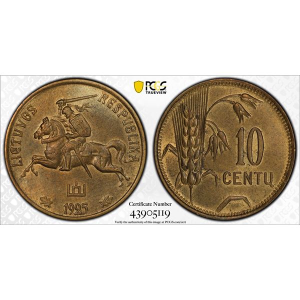 LITHUANIA: Republic, 10 centu, 1925, PCGS MS64
