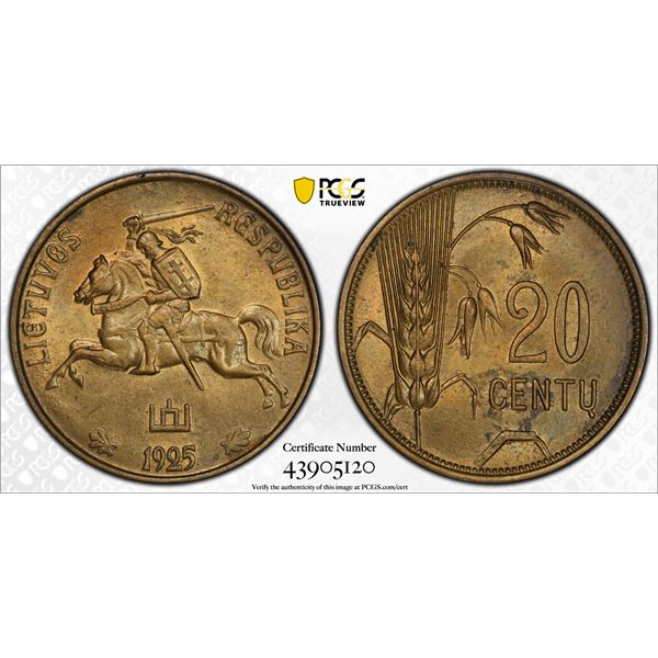 LITHUANIA: Republic, 20 centu, 1925, PCGS MS64