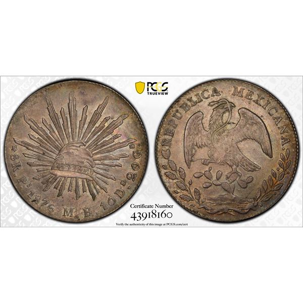MEXICO: Republic, AR 8 reales, 1876-Pi, PCGS AU55
