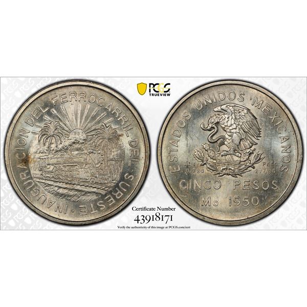 MEXICO: Estados Unidos, AR 5 pesos, 1950-Mo, PCGS MS66
