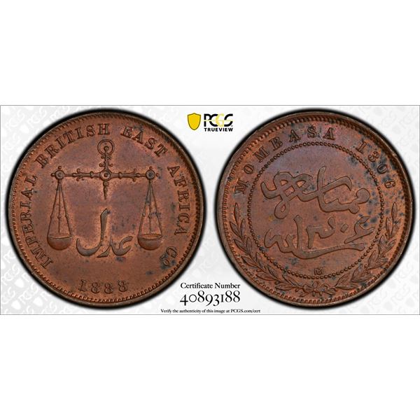 MOMBASA: Victoria, 1888-1896, AE pice, 1888/AH1306, PCGS MS63 BN