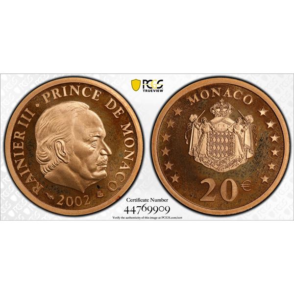MONACO: Rainier III, 1949-2005, AV 20 euro, 2002, PCGS MS68 DCAM