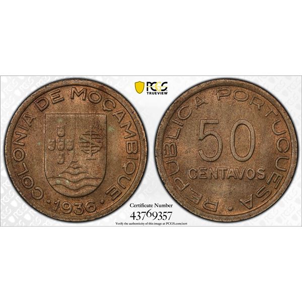 MOZAMBIQUE: Portuguese Colony, 50 centavos, 1936, PCGS MS64