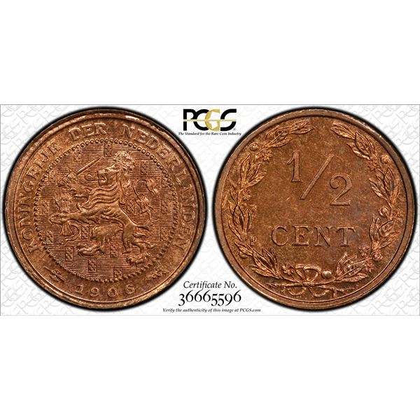 NETHERLANDS: Wilhelmina, 1890-1948, AE ½ cent, 1906, PCGS MS65 RD