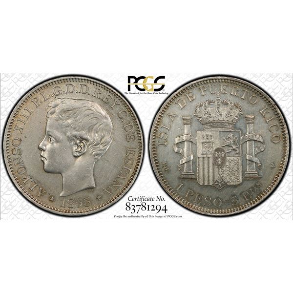 PUERTO RICO: Alfonso XIII, 1886-1898, AR peso, 1895, PCGS EF details