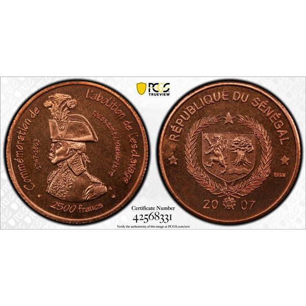 SÉNÉGAL: Republic, AE 2500 francs, 2007, PCGS Specimen 66 RD