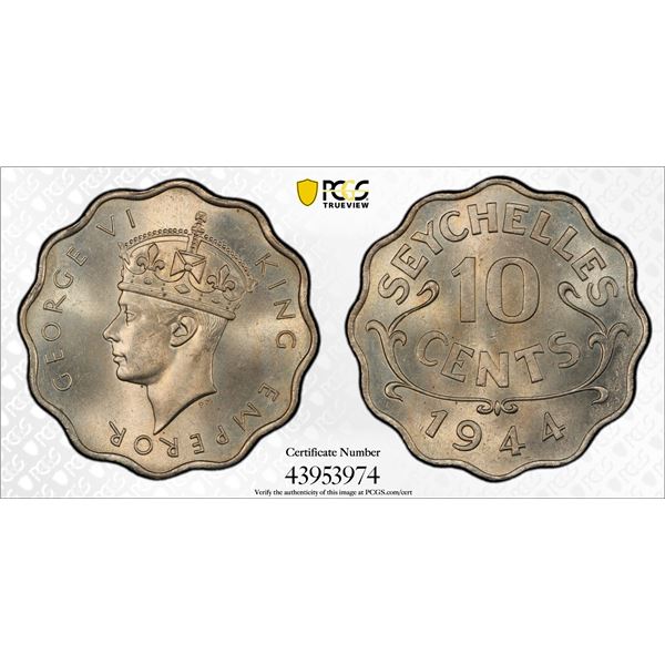 SEYCHELLES: George VI, 1936-1952, 10 cents, 1944, PCGS MS63