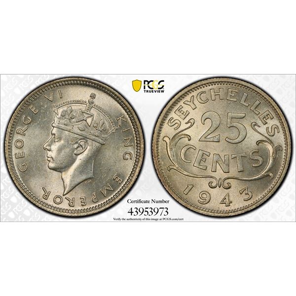 SEYCHELLES: George VI, 1936-1952, AR ¼ rupee, 1943, PCGS MS63