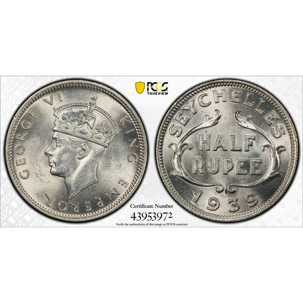 SEYCHELLES: George VI, 1936-1952, AR ½ rupee, 1939, PCGS MS64