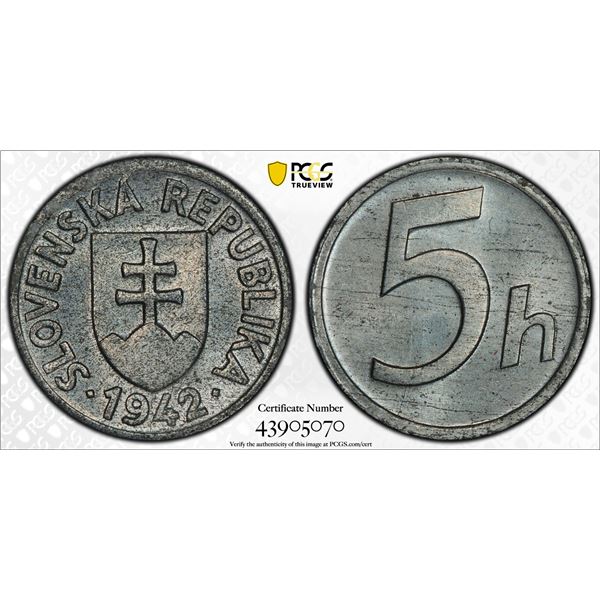 SLOVAKIA: Republic, 5 halierov, 1942, PCGS MS65