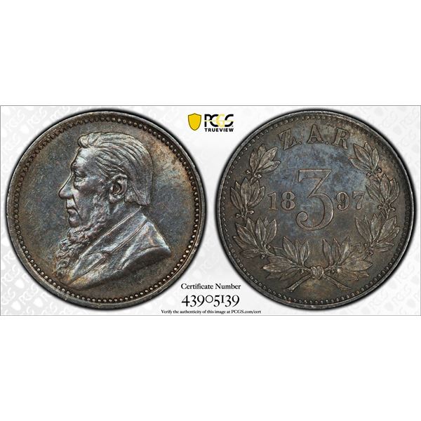 SOUTH AFRICA: Zuid-Afrikaansche Republiek, AR 3 pence, 1897, PCGS MS63