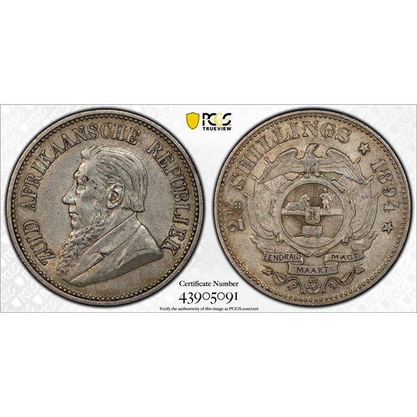 SOUTH AFRICA: Zuid Afrikaansche Republiek, AR 2½ shillings, 1894, PCGS AU53