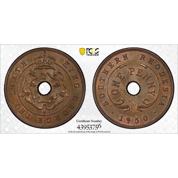 SOUTHERN RHODESIA: George VI, 1936-1952, AE penny, 1950, PCGS MS65 BN