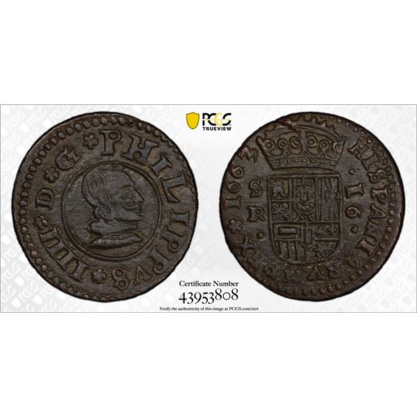 SPAIN: Philip IV, 1621-1665, AE 16 maravedis, Sevilla, 1663, PCGS MS65 BN