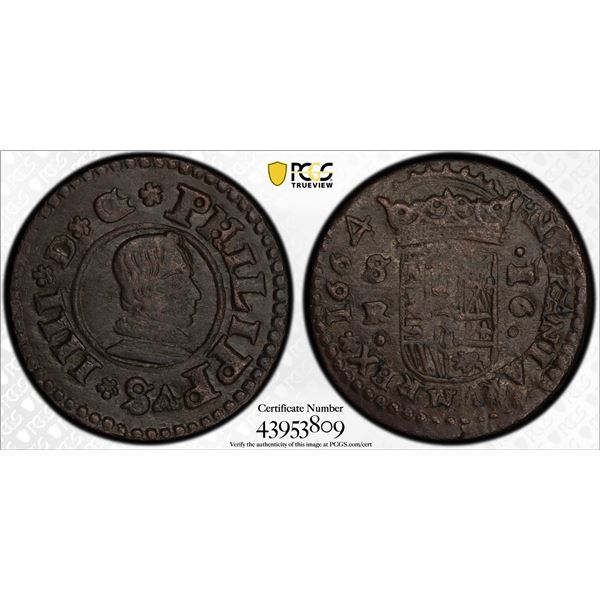 SPAIN: Philip IV, 1621-1665, AE 16 maravedis, Sevilla, 1664, PCGS MS62 BN