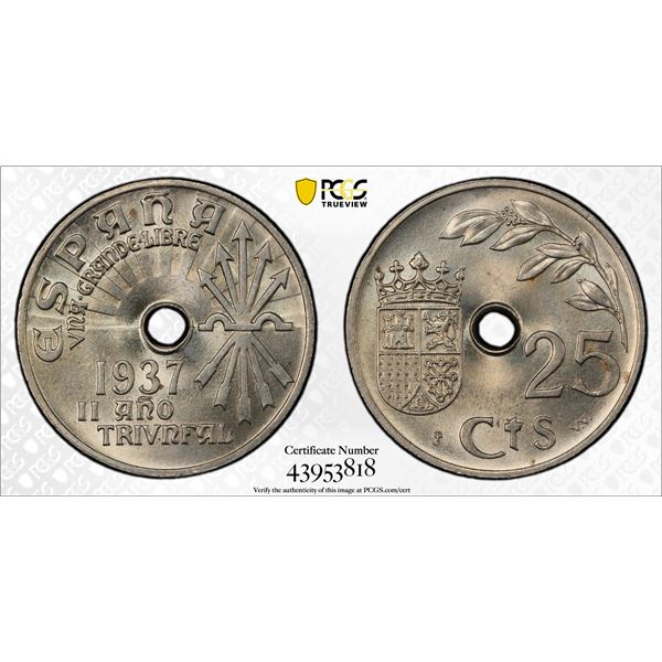 SPAIN: Estado Español, 25 centimos, 1937, PCGS MS66