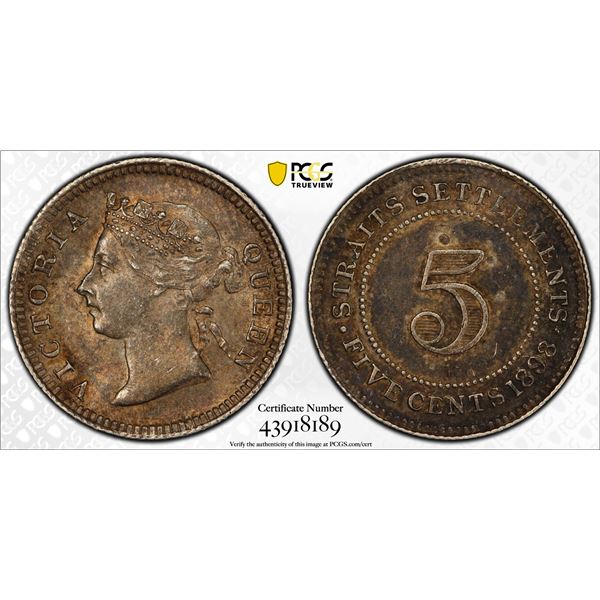 STRAITS SETTLEMENTS: Victoria, 1867-1901, AR 5 cents, 1898, PCGS AU55