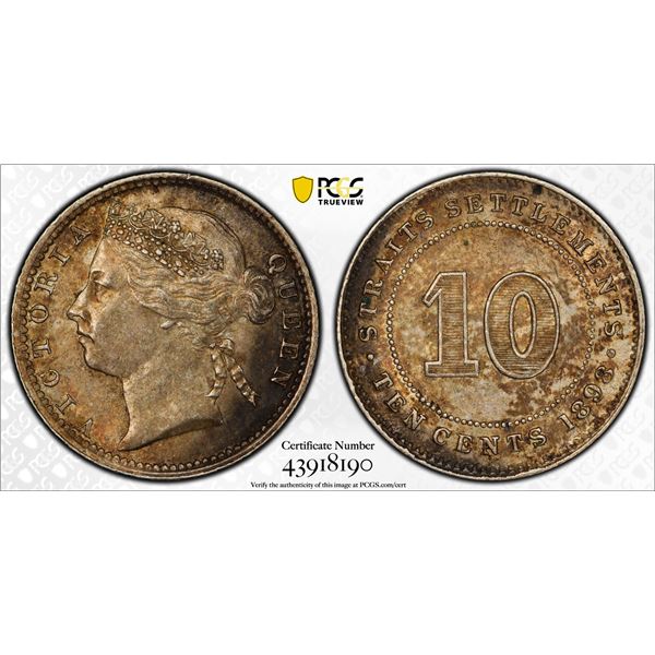 STRAITS SETTLEMENTS: Victoria, 1867-1901, AR 10 cents, 1898, PCGS AU58
