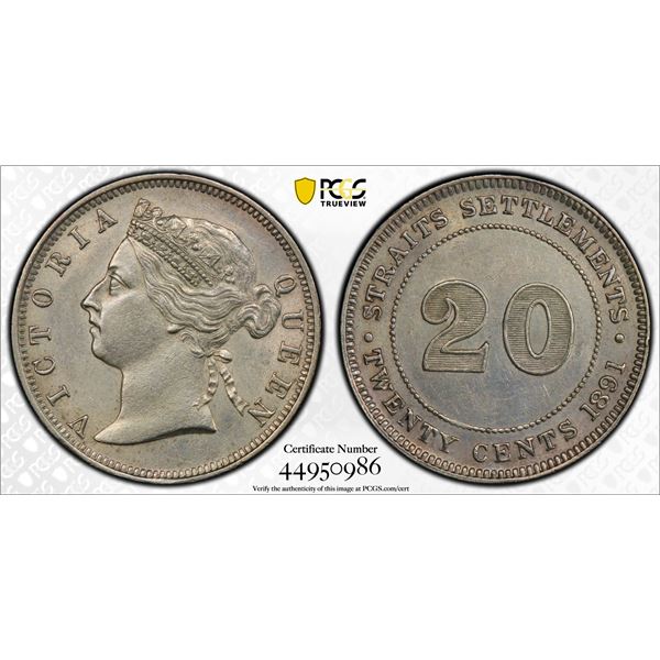 STRAITS SETTLEMENTS: Victoria, 1867-1901, AR 20 cents, 1891, PCGS UNC Details