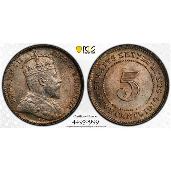 STRAITS SETTLEMENTS: Edward VII, 1901-1910, AR 5 cents, 1910-B, PCGS MS64
